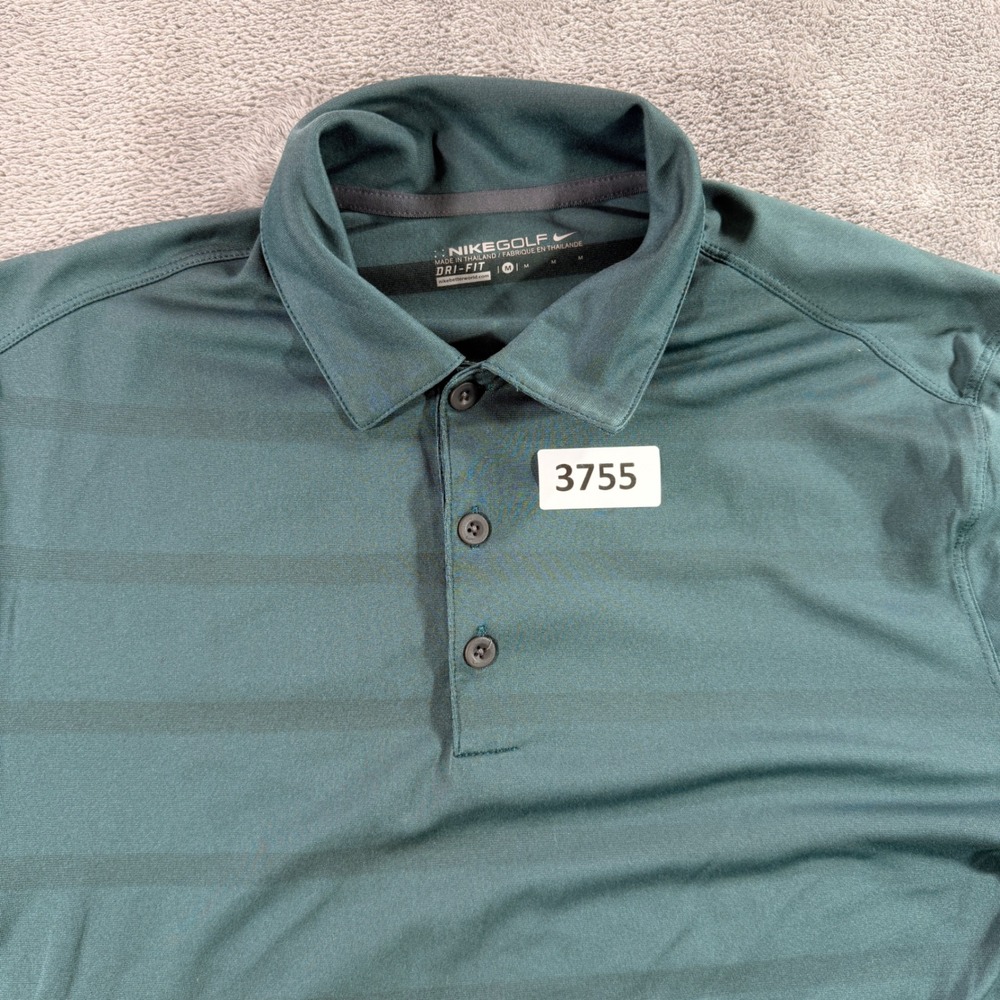 Nike Polo Shirt Mens Medium Green Dri-FIT Striped Golf Short Sleeve 677786-339